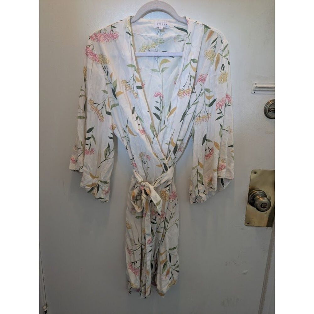 Piyama Floral Kimono Robe White Pink Botanical Print Size S/M
